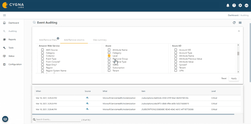 azure-event-column-selection